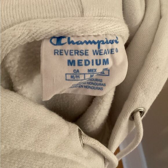 CHAMPION REVERSE WEAVE HOODIE CHENILLE SPELLOUT WHITE USA Vtg 90s Large - Picture 7 of 8